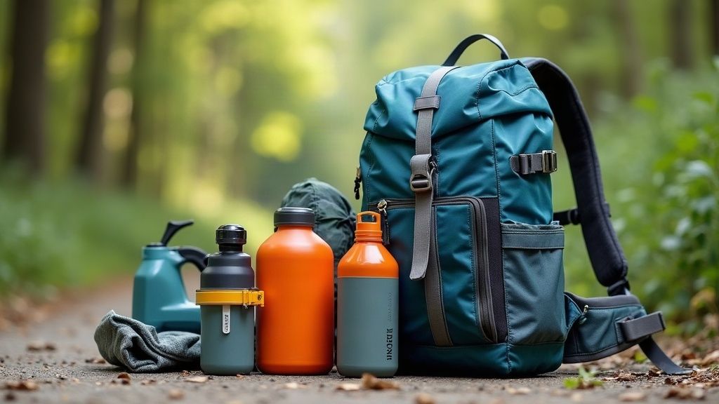 Essential backpacking items organized before a trip