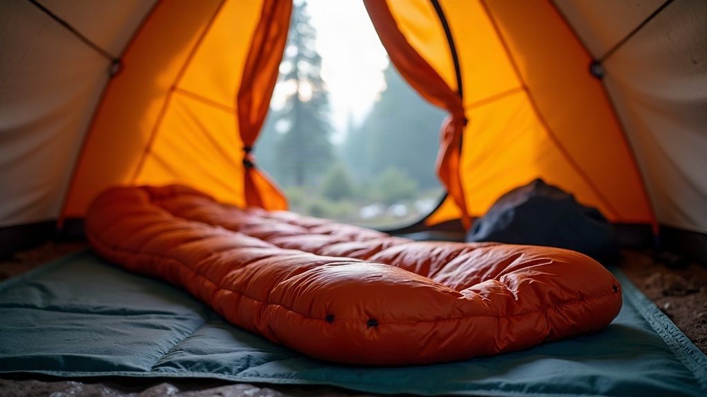 A backpacking sleeping bag laid out inside a tent