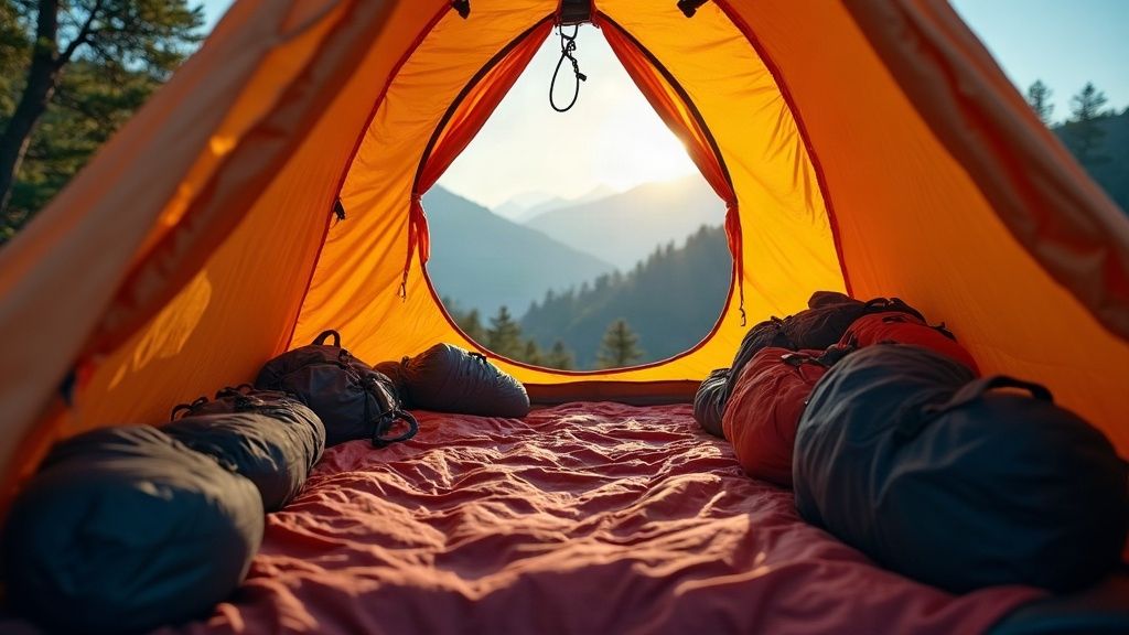 Inside a lightweight backpacking tent with gear