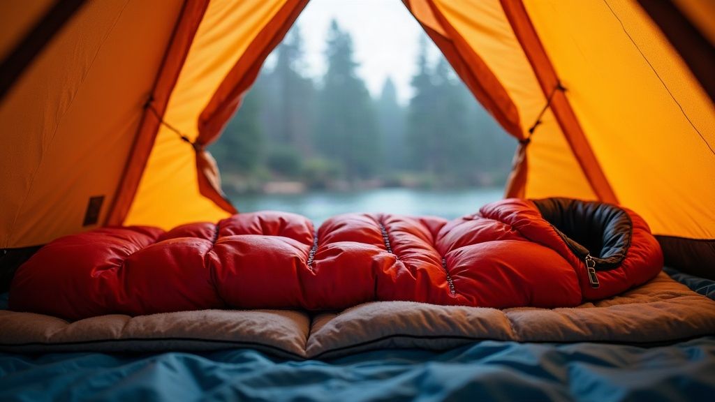 A warm sleeping bag and insulated pad set up inside a tent