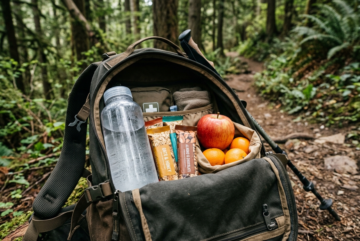 Water bottle and snacks packed in a hiking backpack