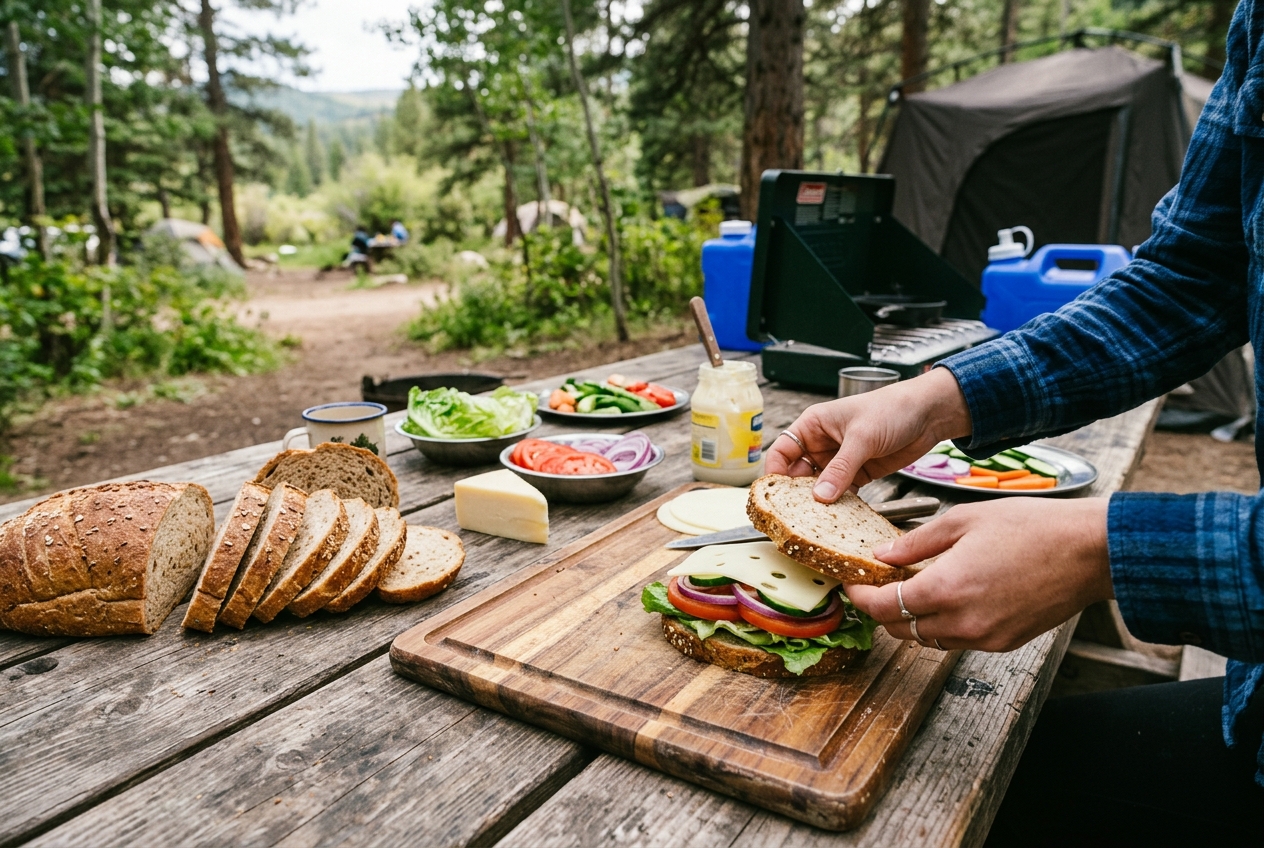 Hands preparing a sandwich at a campsite table