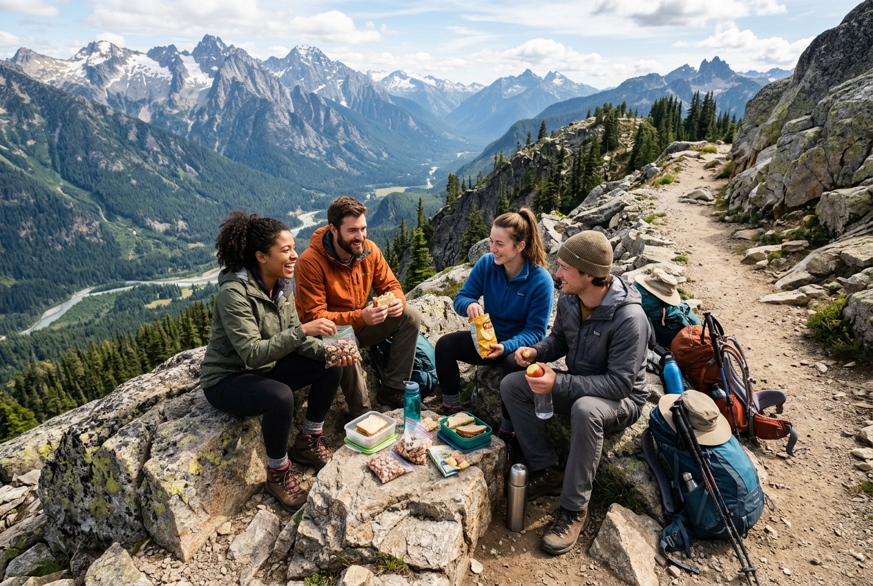 Group of hikers sharing lunch on a mountain trail